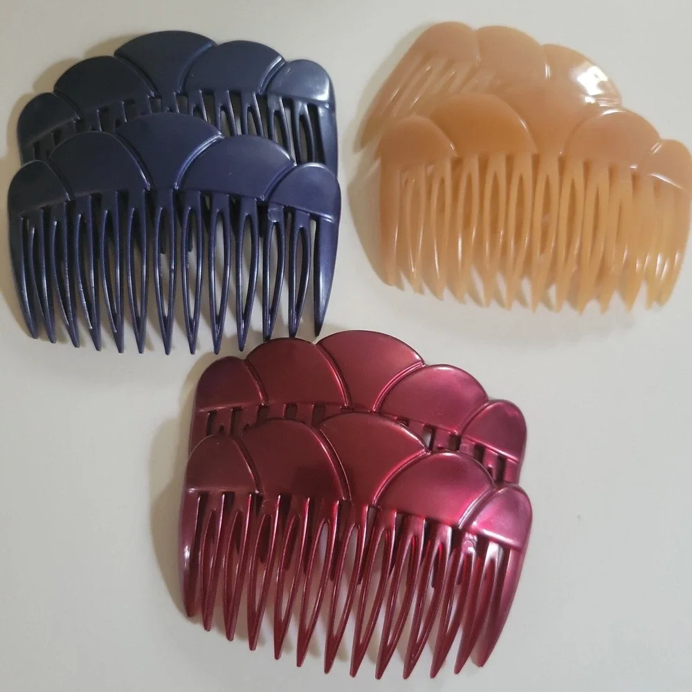 Depose French Hair Side Combs Set of 6 Scalloped‎ Plastic Burgandy Blue Tan
